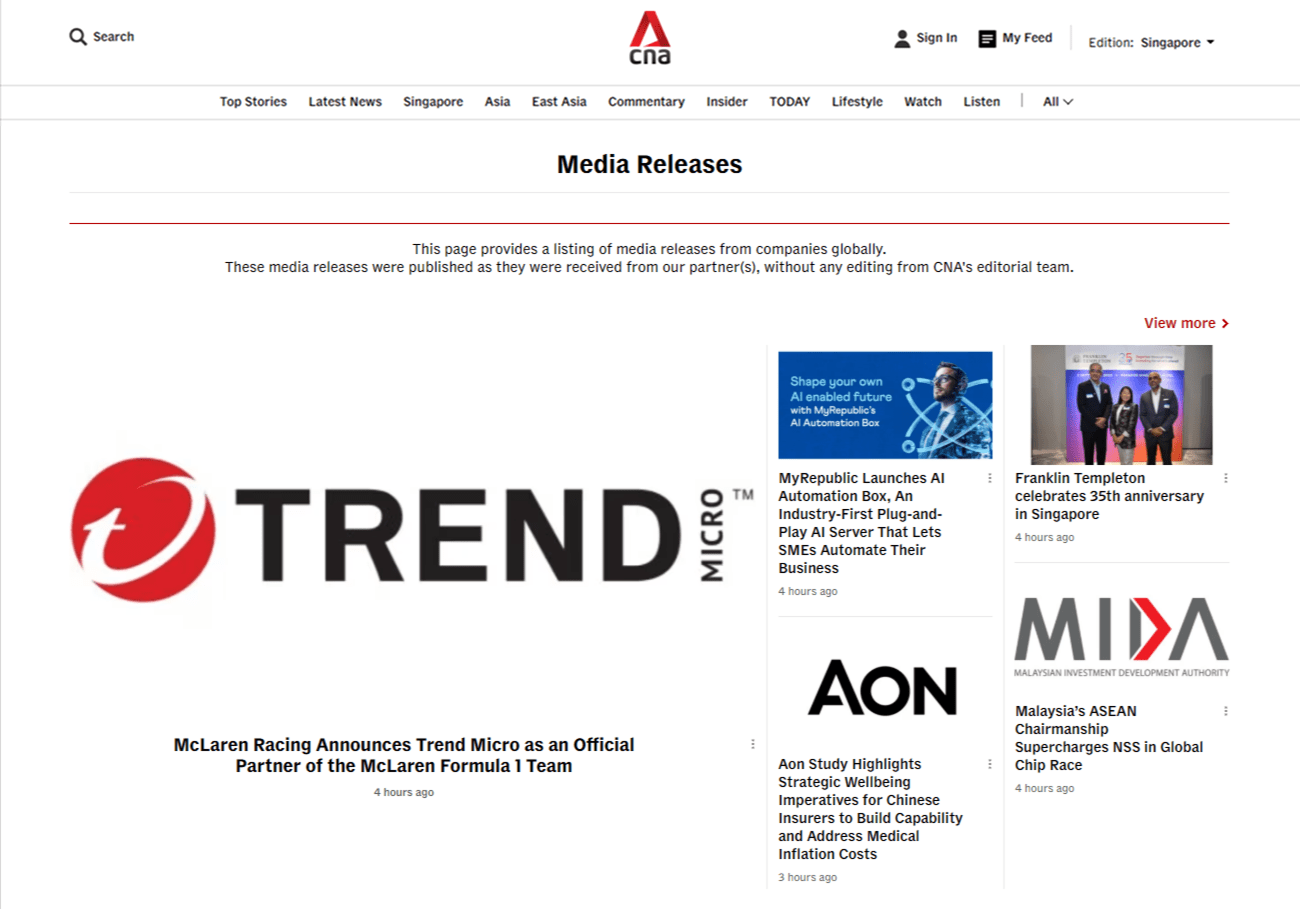 Dedicated page on CNA for Media OutReach Newswire press releases