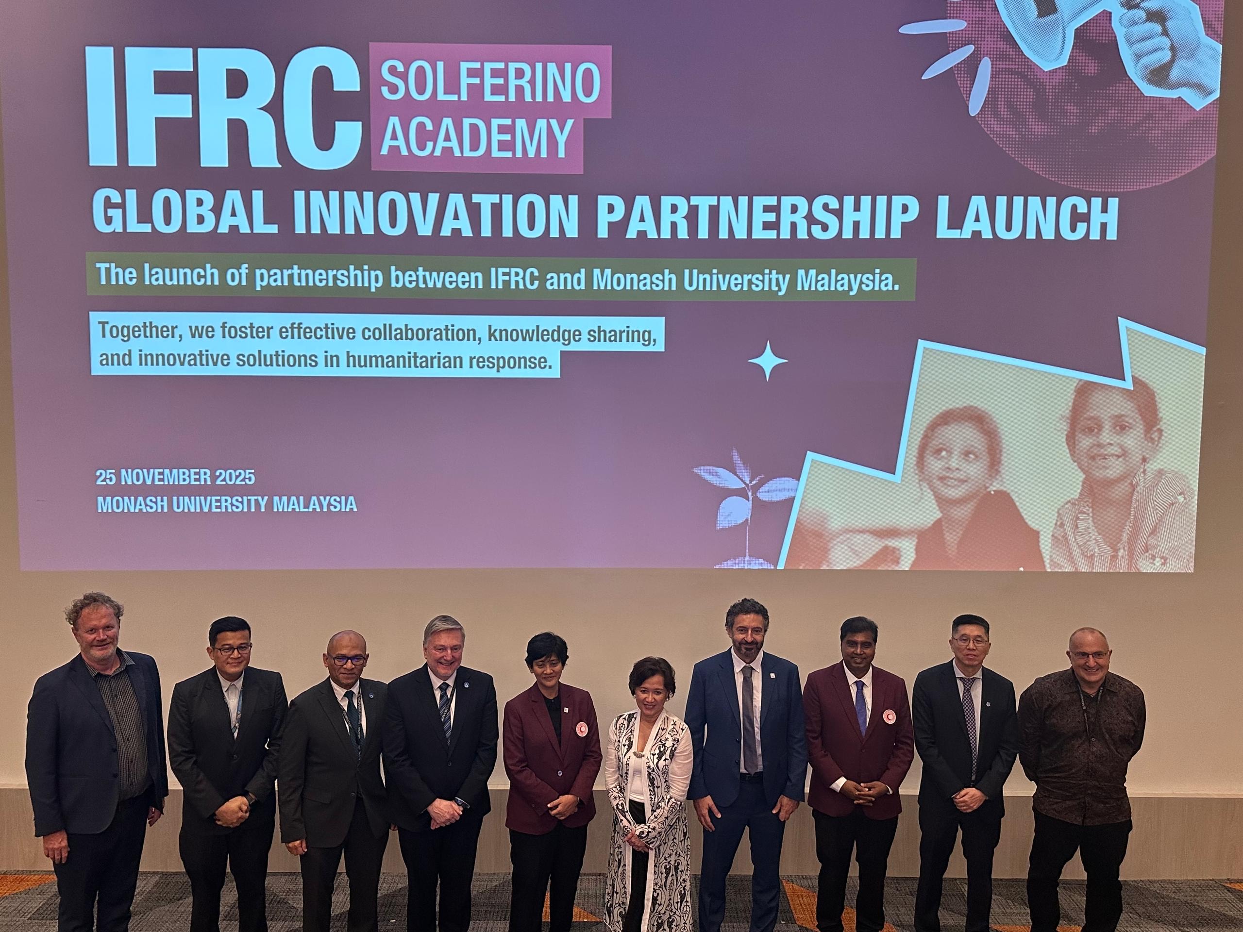 Left to right: Shaun Hazeldine (Head of The IFRC Solferino Academy and Global Innovation Lead), Professor Wong Kok Sheik (Co-Director of Action Lab), Professor Faisal Rafiq Mahamd Adikan (Vice President (Research & Development) at Monash University Malaysia), Professor Stephen Boyle (Vice President (Education) at Monash University Malaysia), Her Highness Dato’ Seri DiRaja Tan Sri Tunku Puteri Intan Safinaz binti Almarhum Sultan Abdul Halim Mu’adzam Shah (National Chairperson of the Malaysian Red Crescent), Professor Emeritus Dato’ Dr Adeeba Kamarulzaman (President and Pro Vice-Chancellor of Monash University Malaysia), Alexander Matheou (IFRC Regional Director for Asia Pacific), Datuk Mohamed Alwi Bin Abdul Rahman (Board member of Malaysian Red Crescent), Professor Anthony Guo Ningqun (Head of the School of Engineering and Information Technology at Monash University Malaysia), and Professor Patrick Olivier (Action Lab (Australia, Malaysia, Indonesia) Monash University)