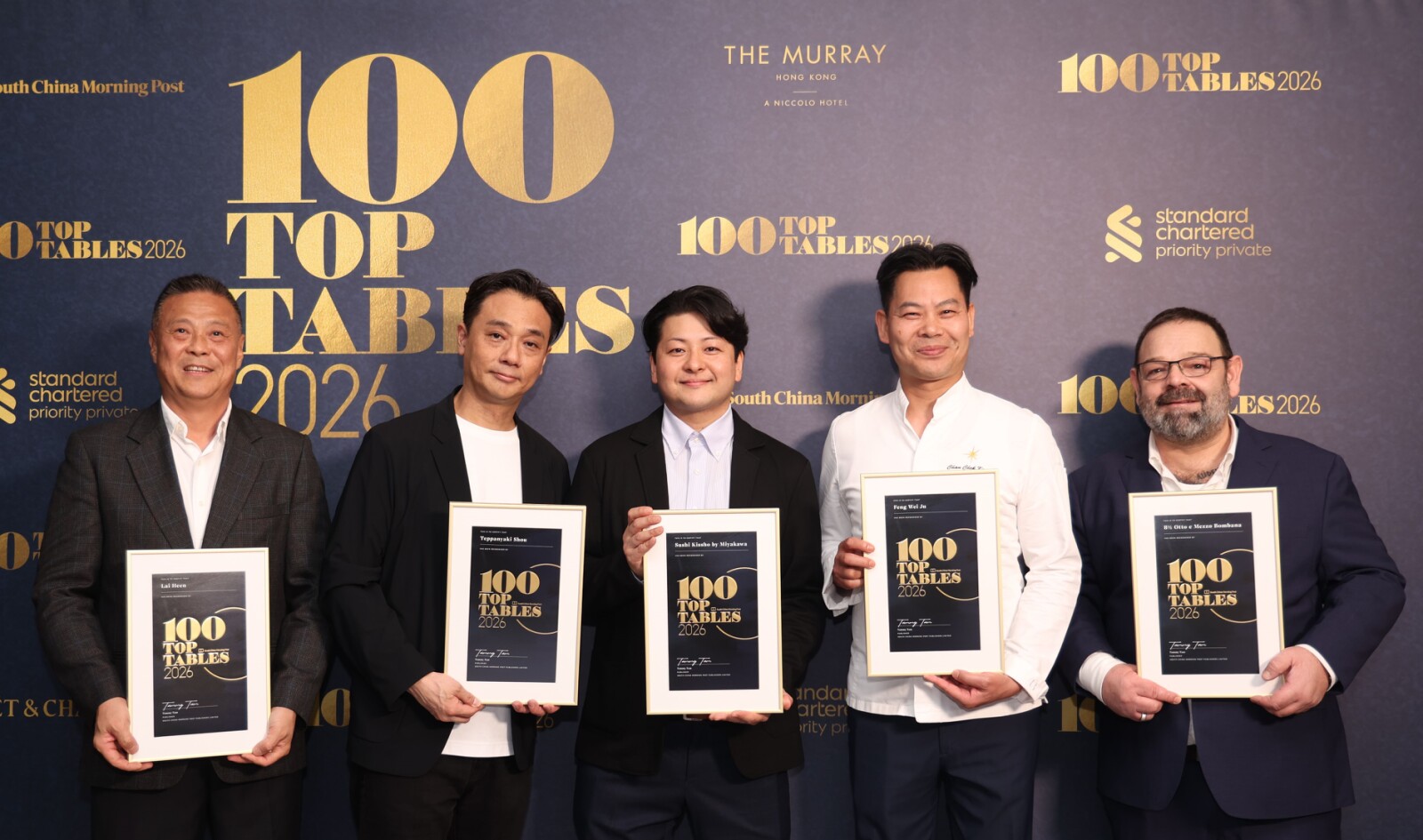 From left: Jackie Ho Hon-sing, Chinese Executive Chef of The Ritz-Carlton, Macau; Norihisa Maeda, Executive Chef of Teppanyaki Shou; Soma Shibuya, Executive Sous Chef of Sushi Kissho by Miyakawa; Chan Chek Keong, Assistance Vice President of Food & Beverage Culinary of StarWorld Hotel and Executive Chef of Feng Wei Ju; Marino D