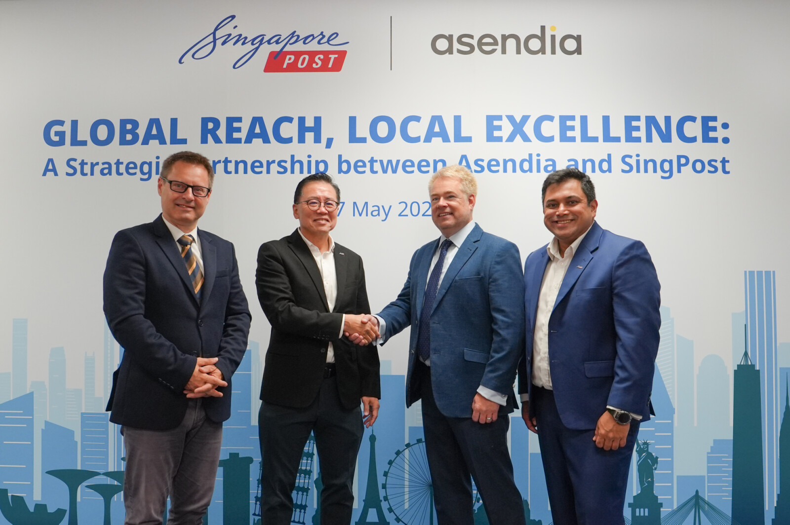 A Strategic Partnership Between Asendia and SingPost (Left to right): Lionel Berthe, Head of Asia Pacific, Asendia; Mark Chong, CEO, SingPost; Simon Batt, CEO, Asendia, and Gavin Pathross, Chief Information Technology Officer, SingPost.