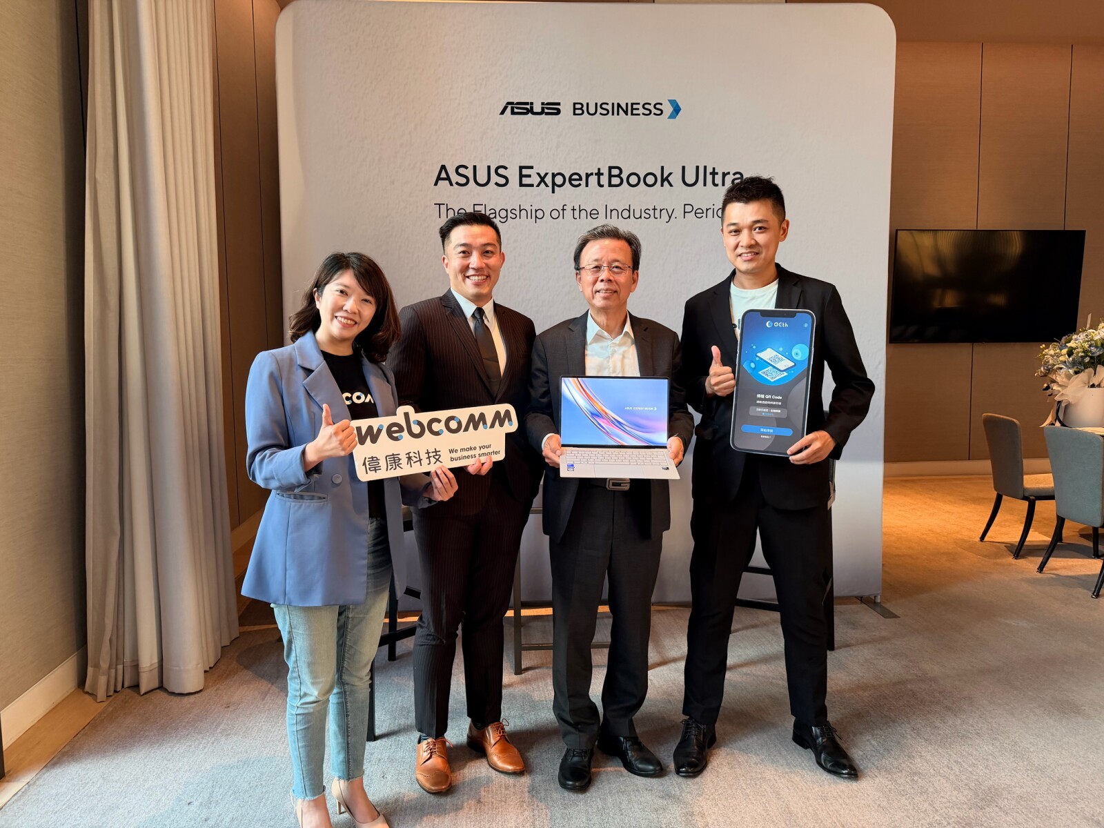 WebComm and ASUS Thailand executives at the event. From left to right: Michelle Huang, CSO, WebComm; Charles Liu, Director, ASUS Thailand; Samson Hu, Co-CEO, ASUS; and Jun Tseng, Director of Business Development, WebComm.