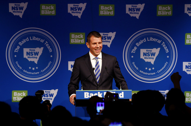 ‘Four more years’ for NSW Premier Mike Baird, which the crowd chanted as he arrived at the Liberals' election night party. Nikki Short/AAP